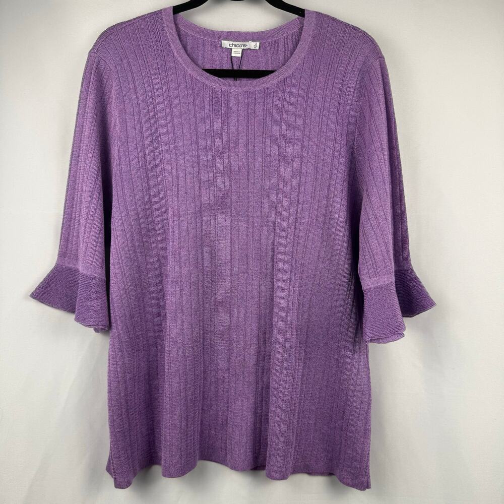 Chico's Crew Neck Ruffle 3/4 Sleeve Purple & Blue Pullover Knit Sweater XL
